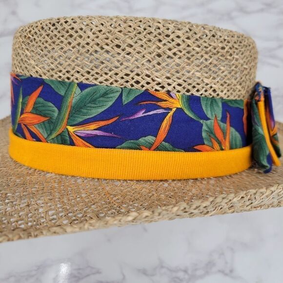 Hatlanta Vintage Straw Raffia Sun Hat Wide Brim Tropical Floral Band main image 12